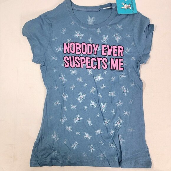 It's Happy Bunny Women's Shirt Short Sleeve Vintage Blue LARGE Nobody Suspects - Picture 1 of 6